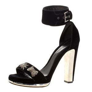 Alexander McQueen Black Velvet Crystal Embellished Ankle Cuff Sandals